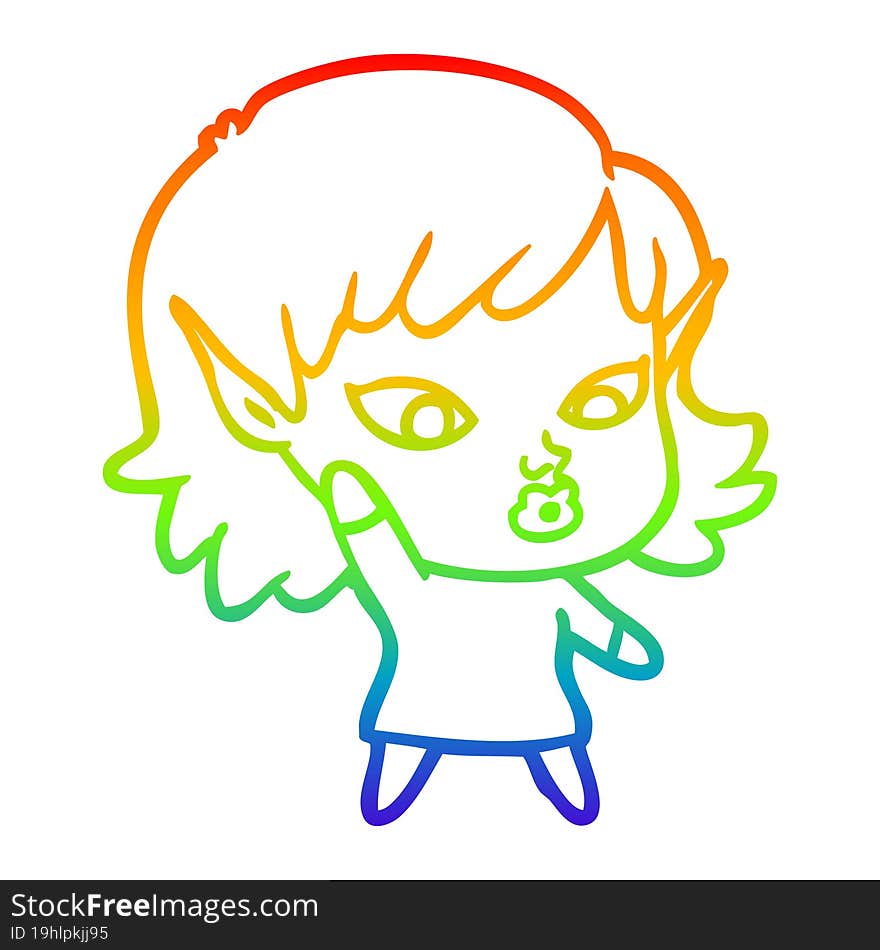 Rainbow Gradient Line Drawing Pretty Cartoon Elf Girl