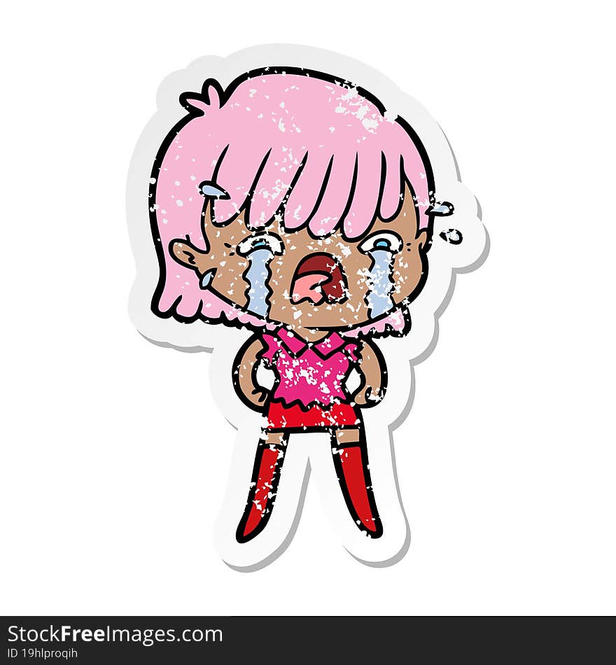 distressed sticker of a cartoon girl crying