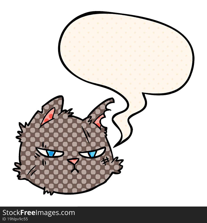 cartoon tough cat face with speech bubble in comic book style