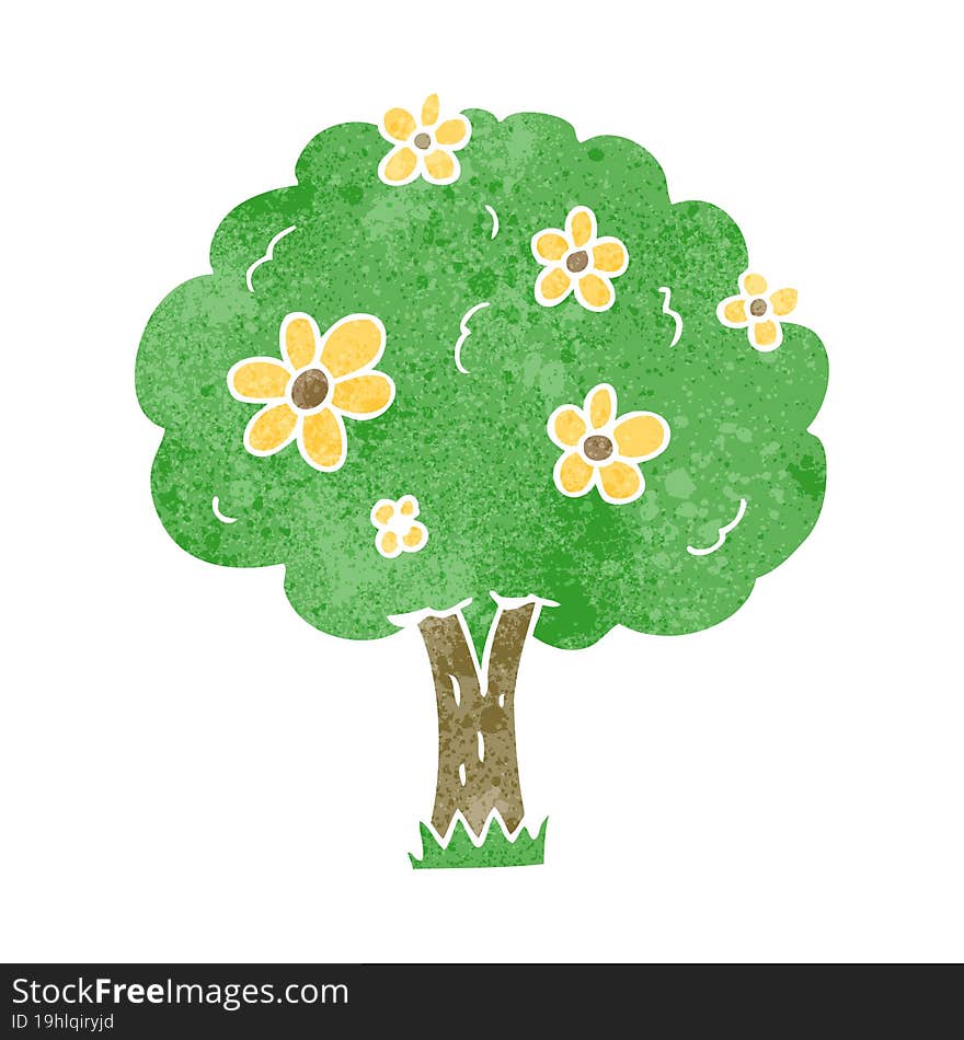 freehand retro cartoon tree with flowers