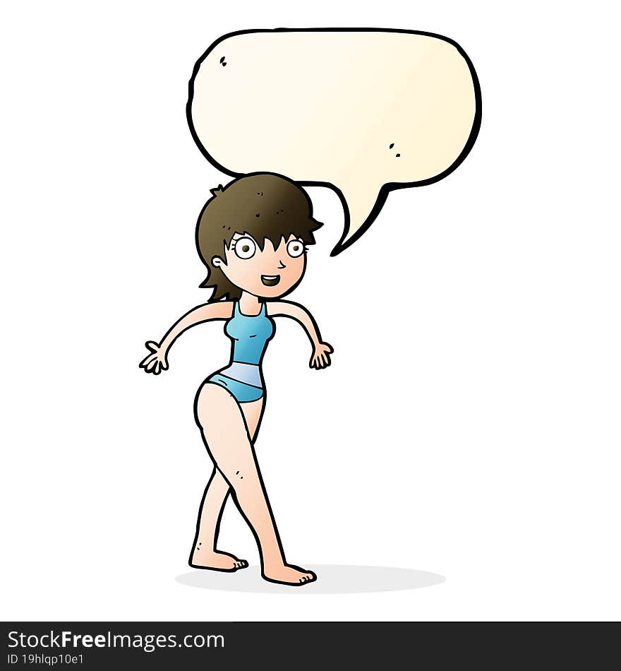 cartoon happy woman in swimming costume with speech bubble