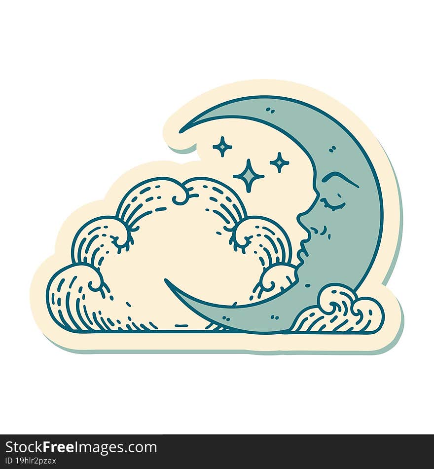 Tattoo Style Sticker Of A Crescent Moon And Clouds