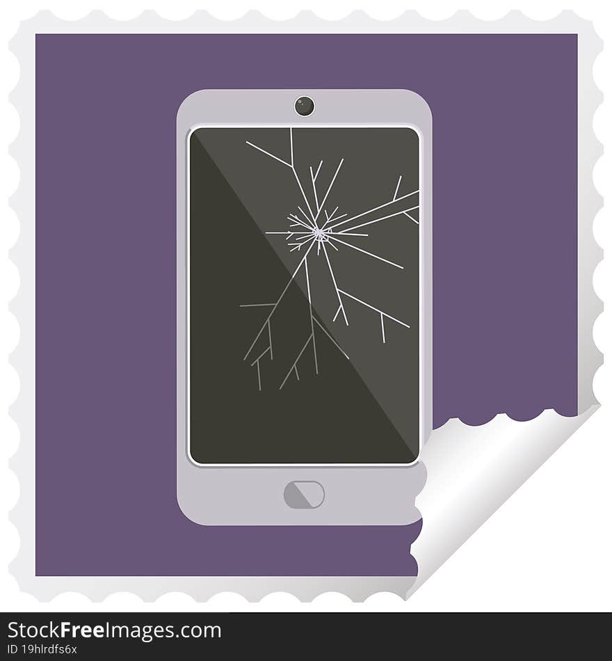 cracked screen cell phone graphic square sticker stamp. cracked screen cell phone graphic square sticker stamp