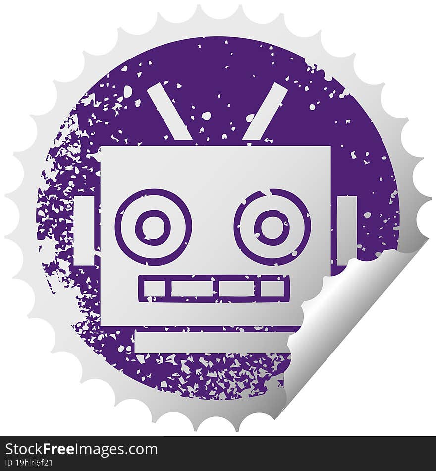 distressed circular peeling sticker symbol robot head