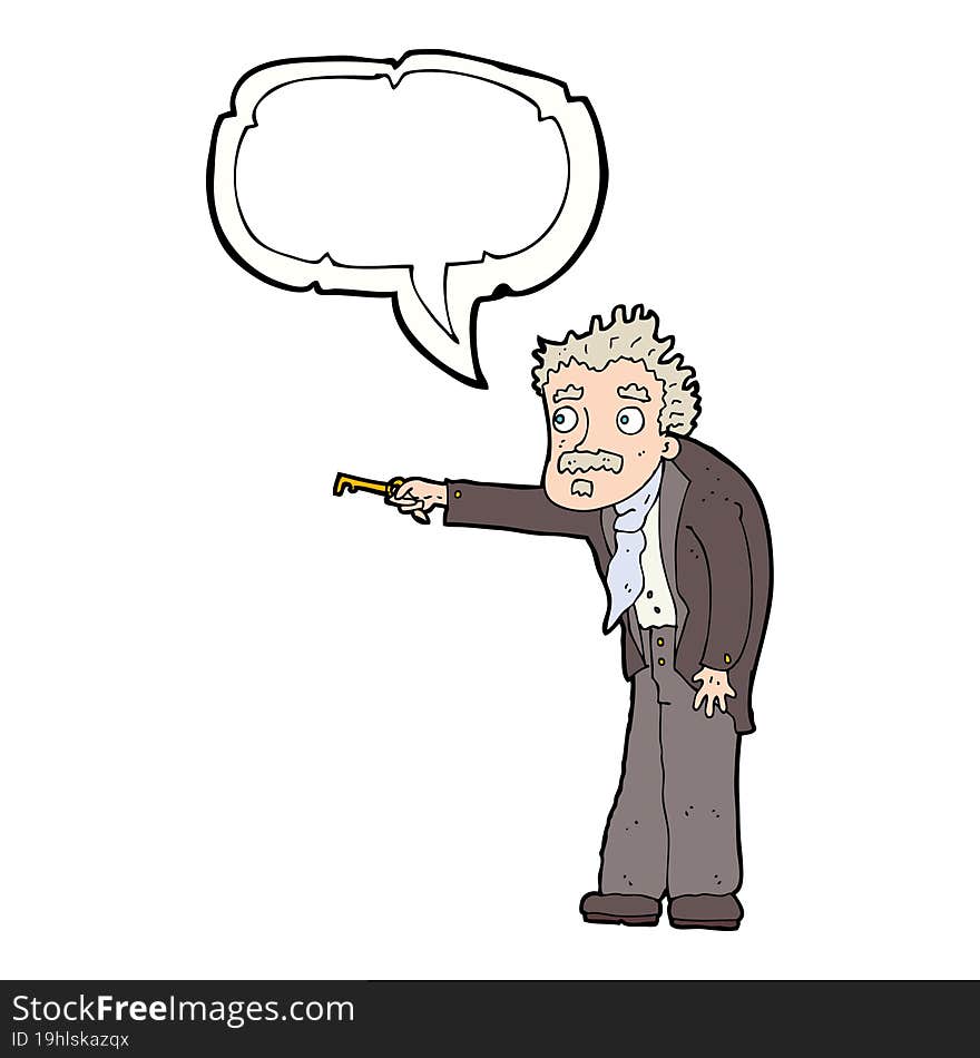 Cartoon Man Trembling With Key Unlocking With Speech Bubble