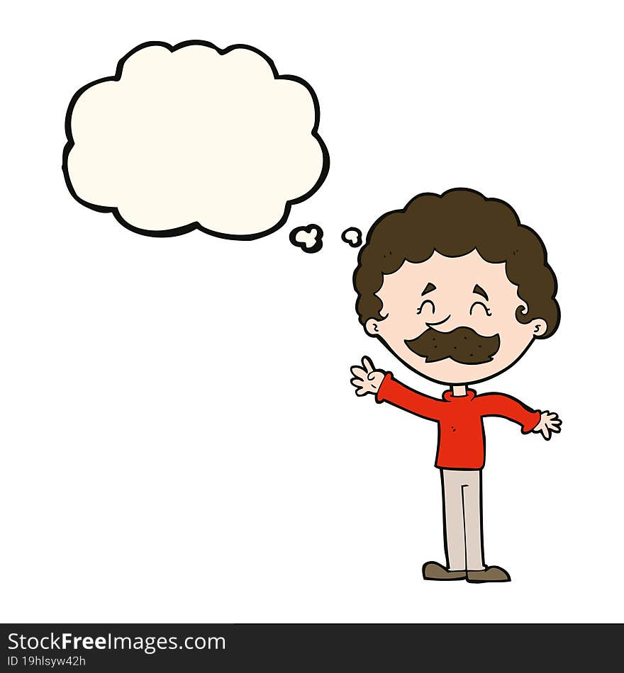 cartoon man with mustache waving with thought bubble