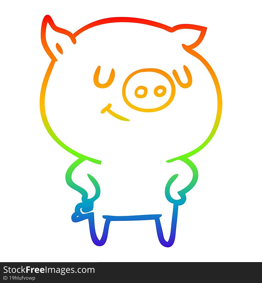 rainbow gradient line drawing of a happy cartoon pig