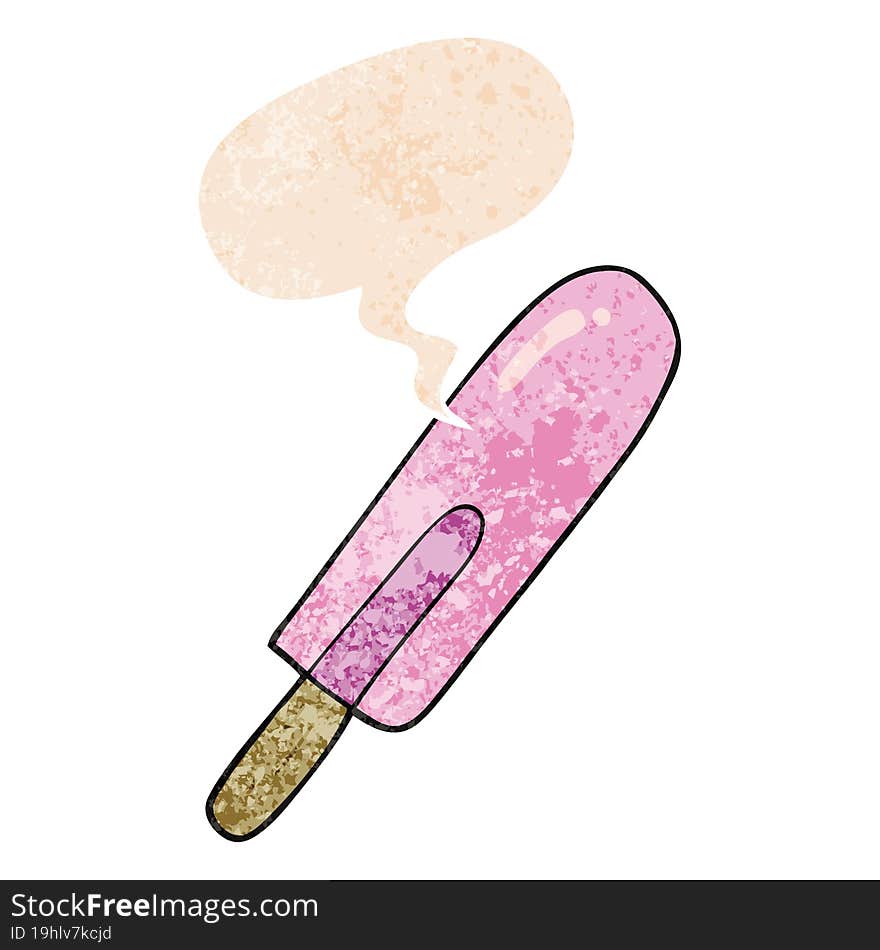 cartoon ice lolly and speech bubble in retro textured style