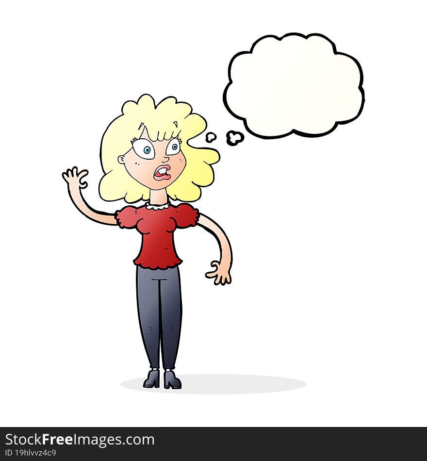 cartoon worried woman waving with thought bubble