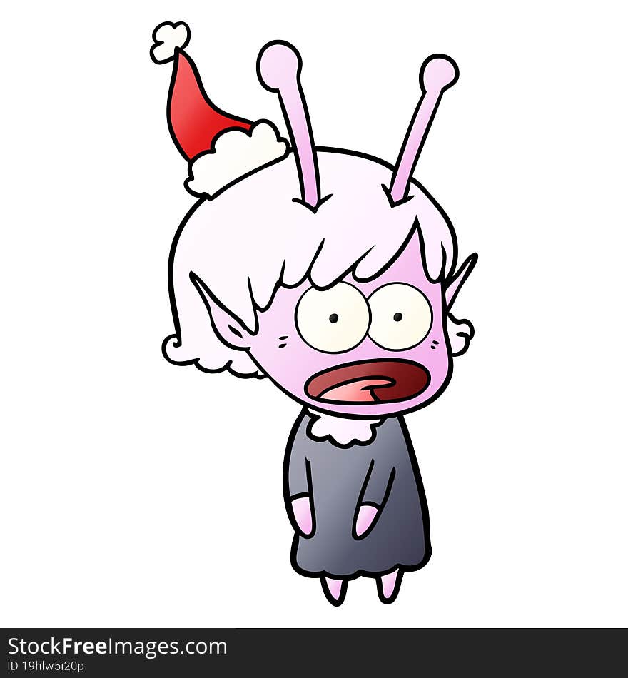 gradient cartoon of a shocked alien girl wearing santa hat