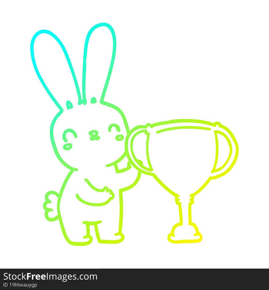 cold gradient line drawing cute cartoon rabbit with sports trophy cup