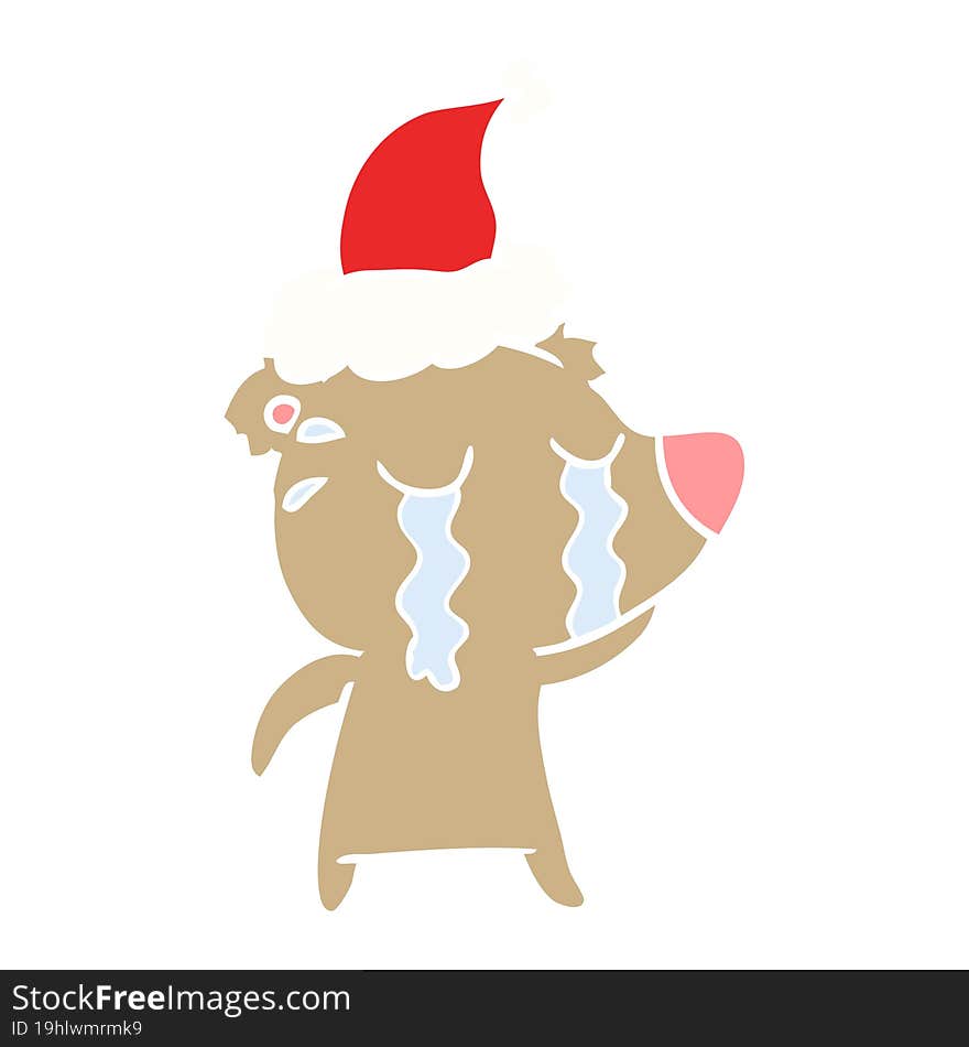 flat color illustration of a crying bear wearing santa hat