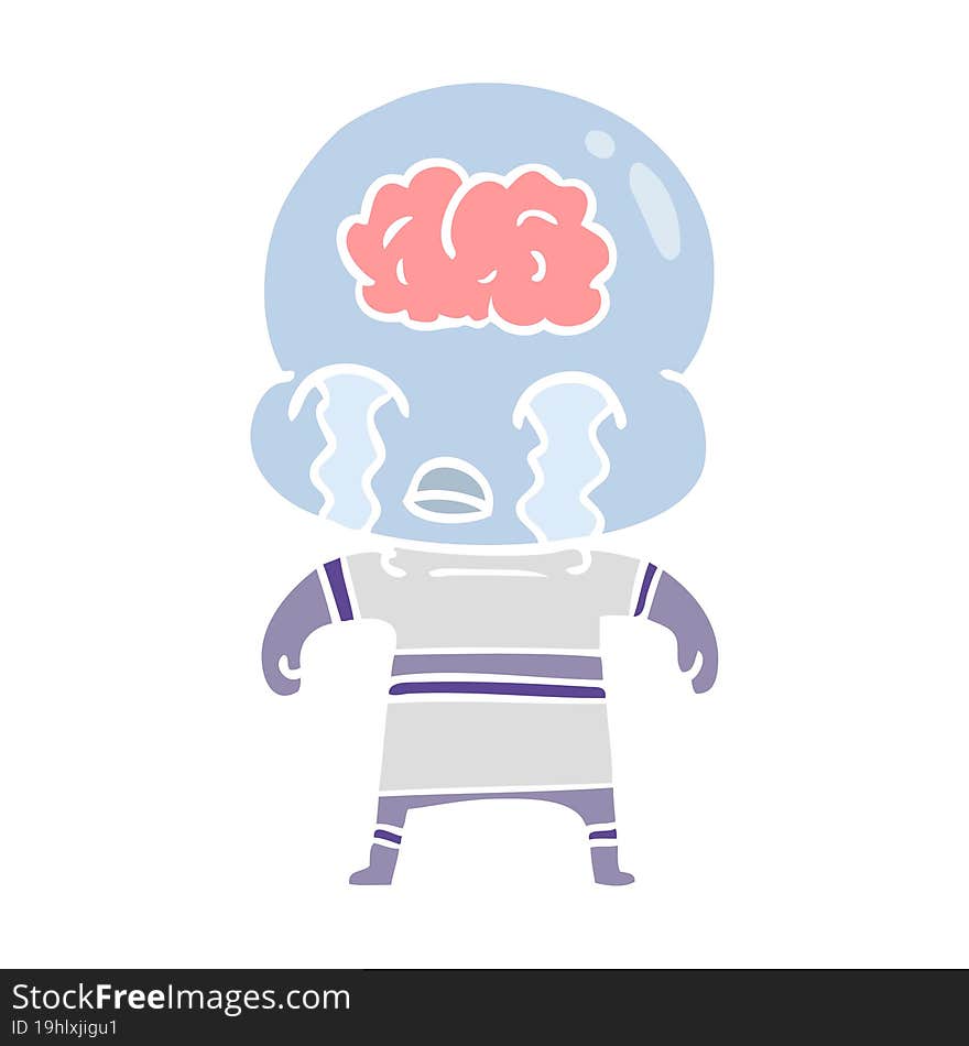 flat color style cartoon big brain alien crying