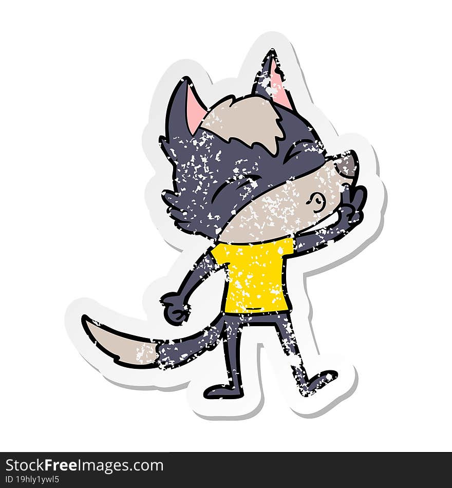 distressed sticker of a cartoon wolf whistling