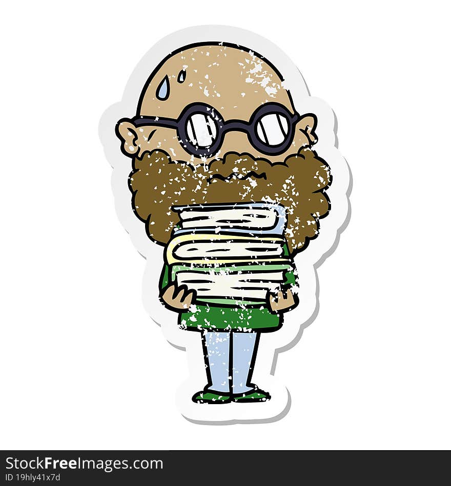 Distressed Sticker Of A Cartoon Worried Man With Beard And Stack Of Books