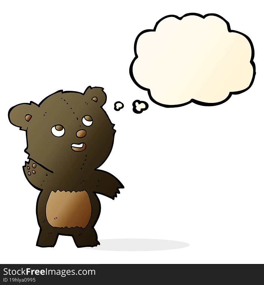 Cartoon Cute Waving Black Bear Teddy With Thought Bubble