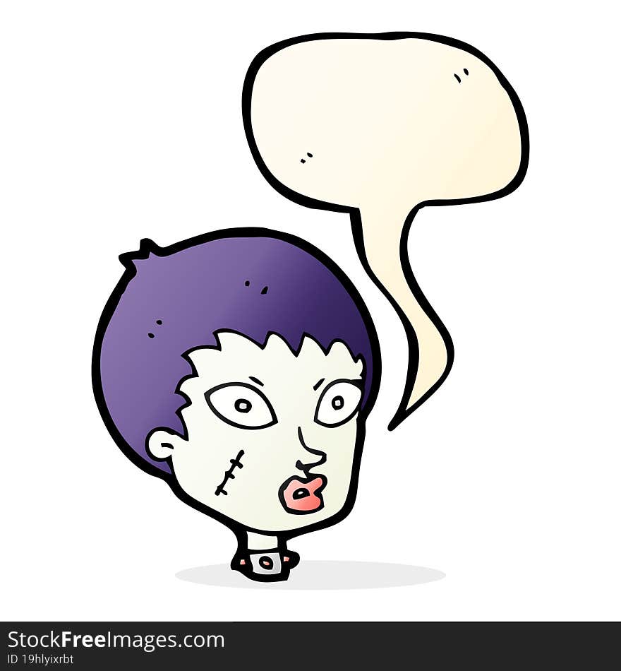 cartoon female zombie head with speech bubble