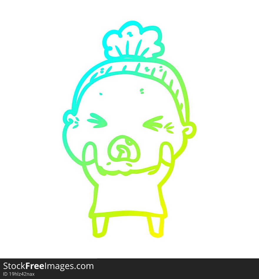 cold gradient line drawing cartoon angry old woman