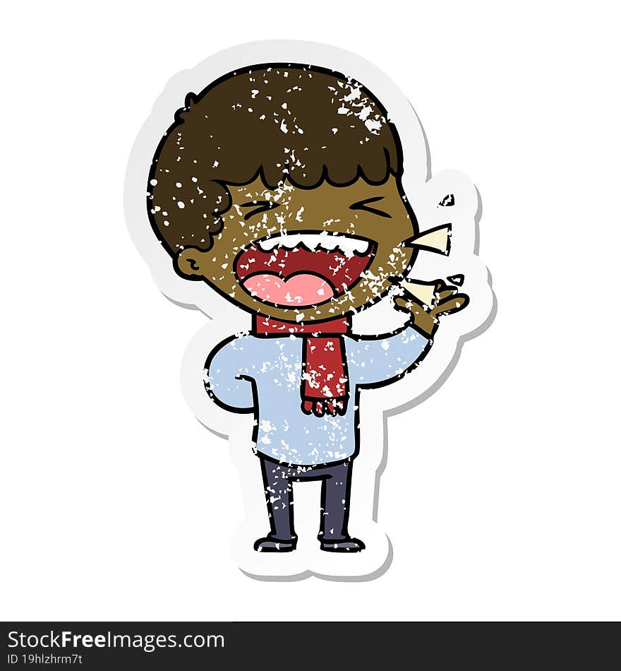 distressed sticker of a cartoon laughing man