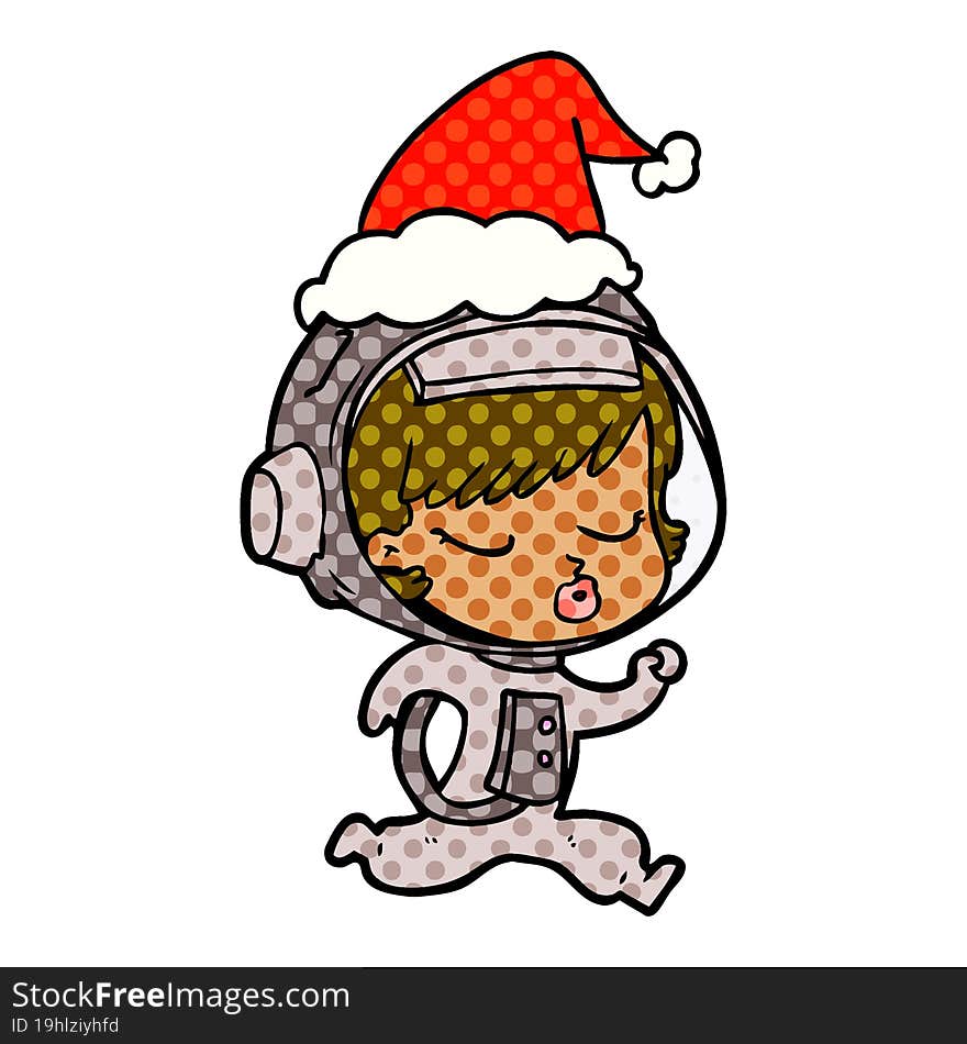 hand drawn comic book style illustration of a pretty astronaut girl running wearing santa hat