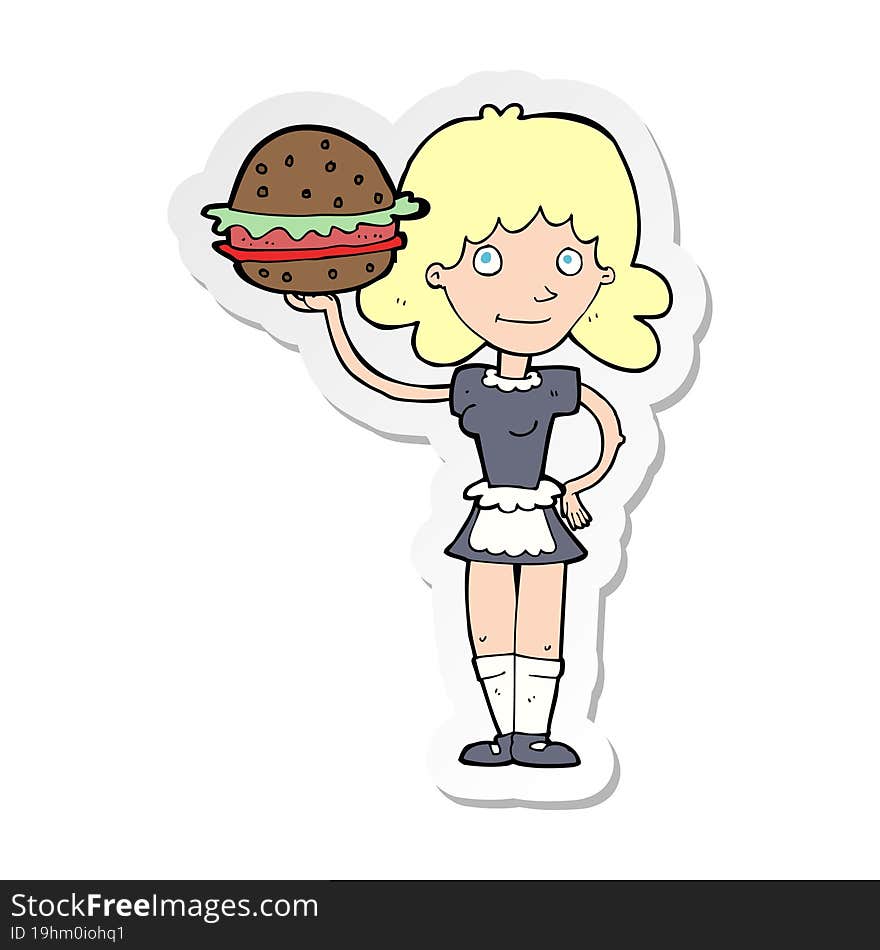 sticker of a cartoon waitress with burger