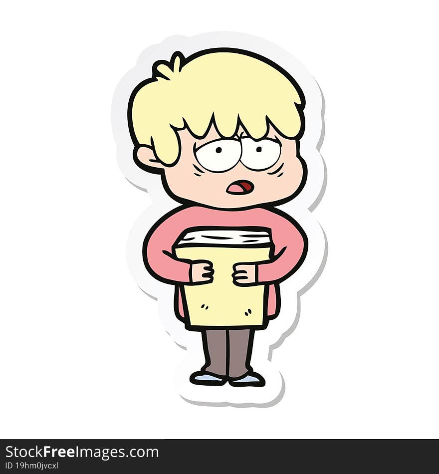 Sticker Of A Cartoon Exhausted Boy Holding Book