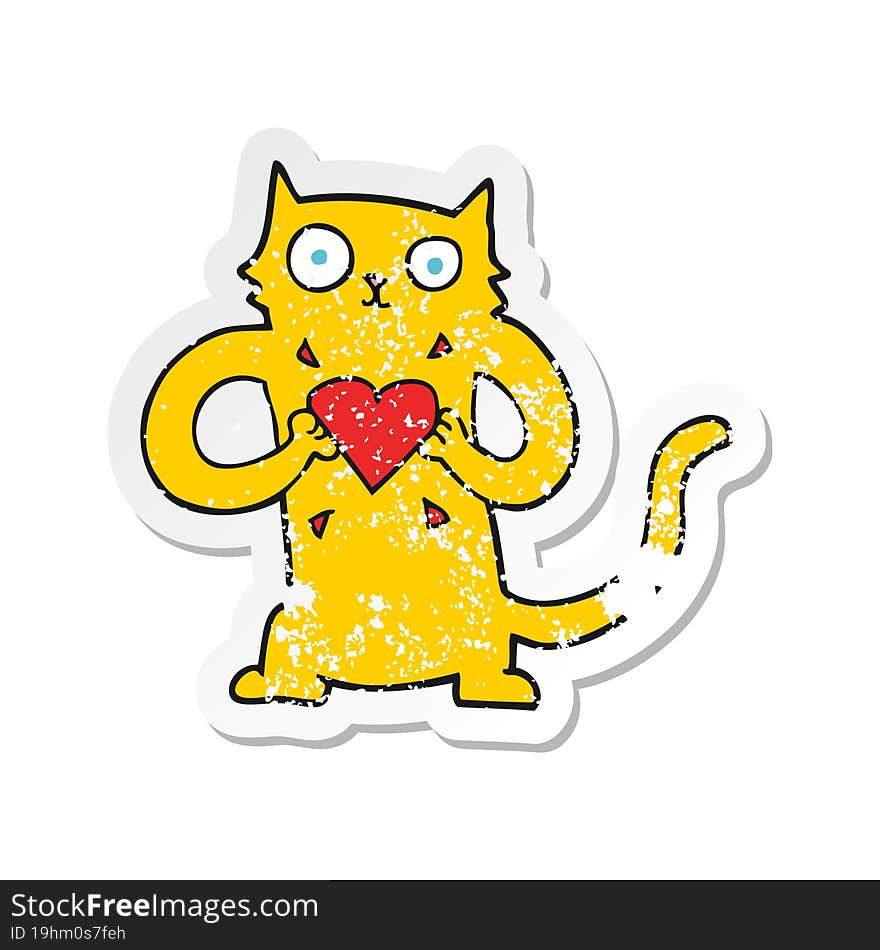 Retro Distressed Sticker Of A Cartoon Cat With Love Heart