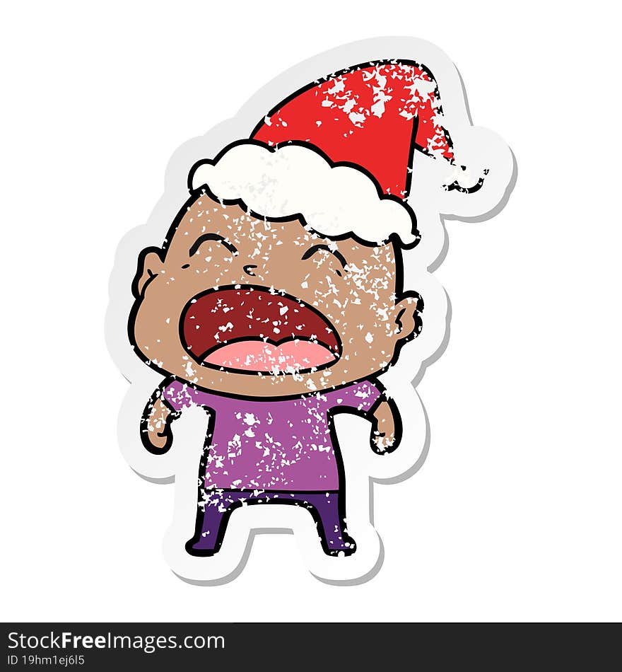 distressed sticker cartoon of a shouting bald man wearing santa hat