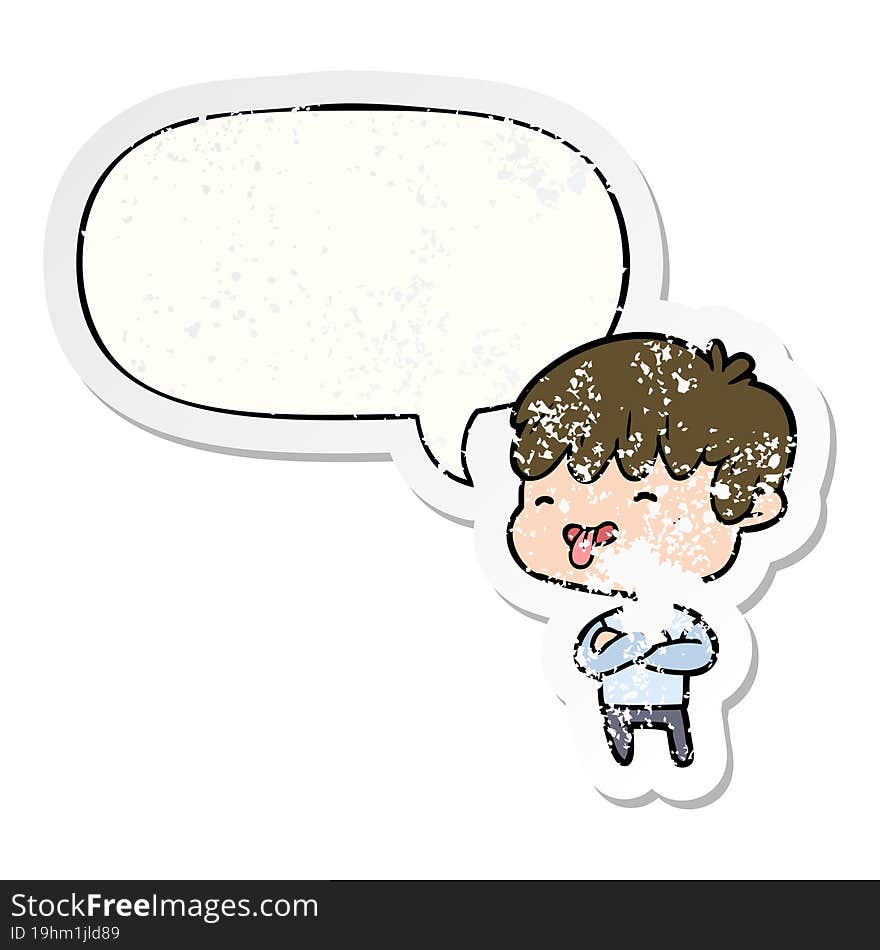 cartoon boy sticking out tongue with speech bubble distressed distressed old sticker. cartoon boy sticking out tongue with speech bubble distressed distressed old sticker