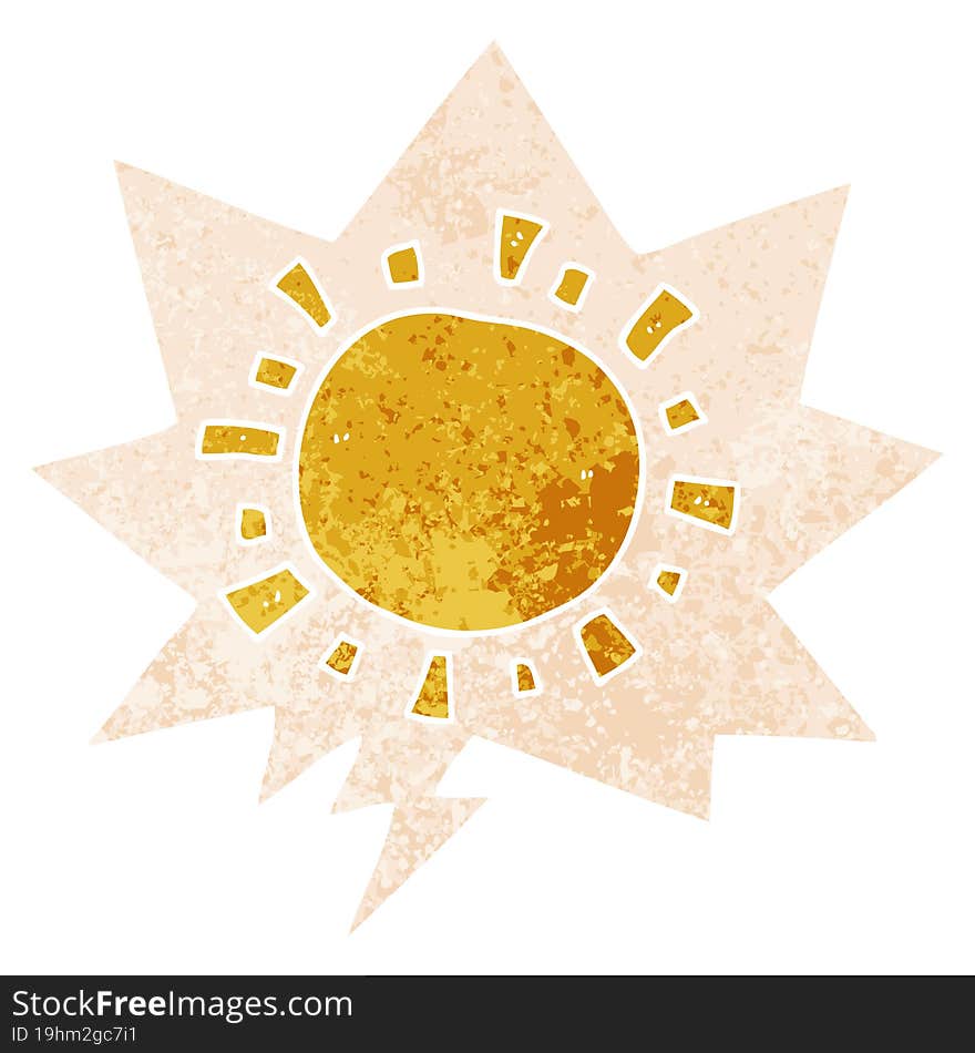 cartoon sun and speech bubble in retro textured style