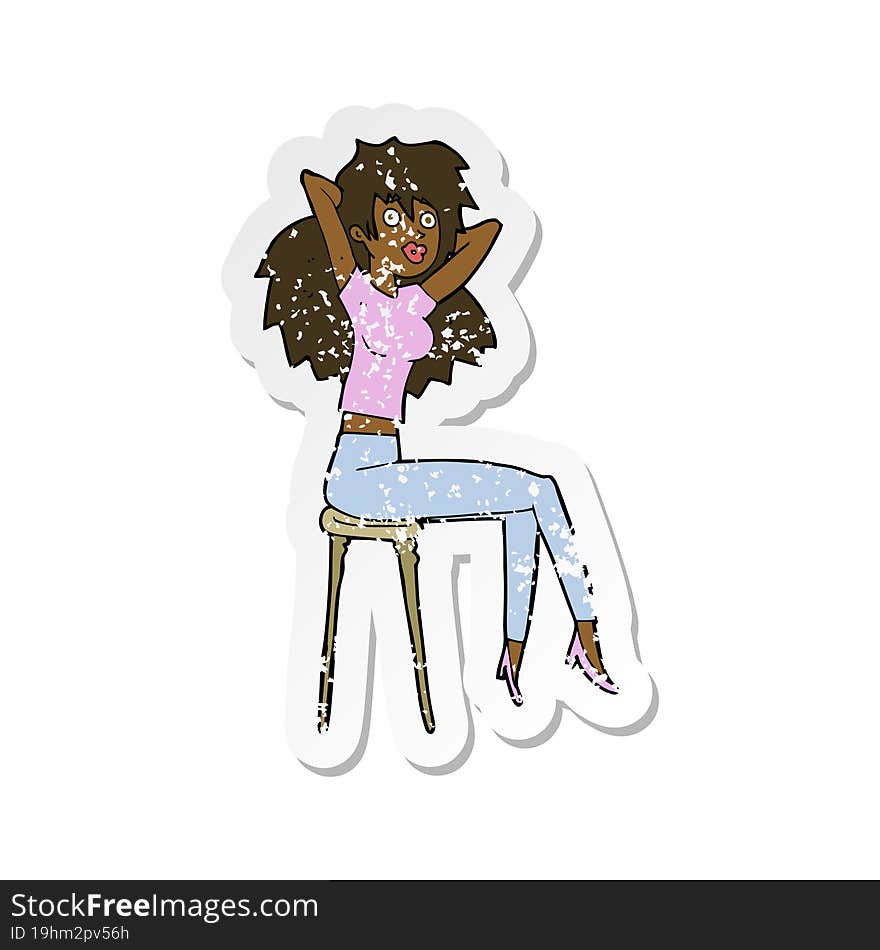 retro distressed sticker of a cartoon woman posing on stool