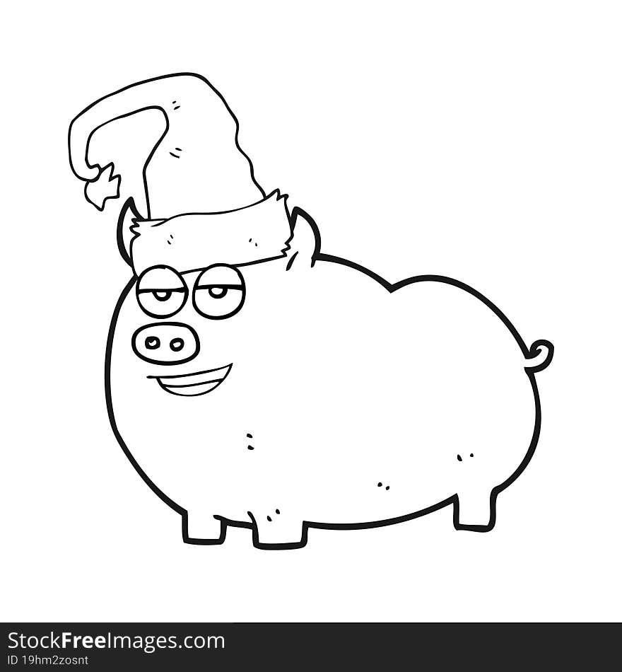 freehand drawn black and white cartoon christmas pig