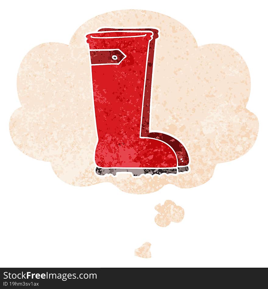 cartoon wellington boots and thought bubble in retro textured style