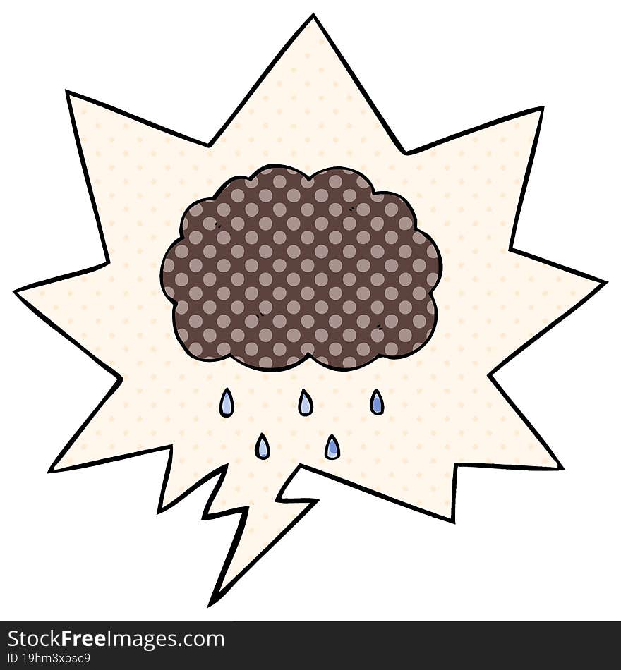 cartoon cloud raining with speech bubble in comic book style