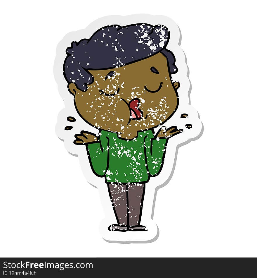 distressed sticker of a cartoon man talking and shrugging shoulders