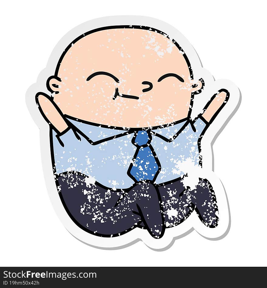 distressed sticker cartoon of kawaii bald man