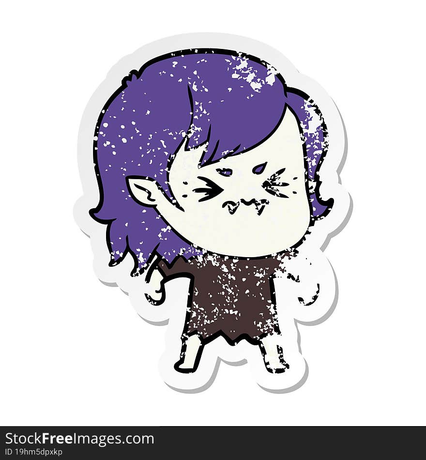 Distressed Sticker Of A Annoyed Cartoon Vampire Girl