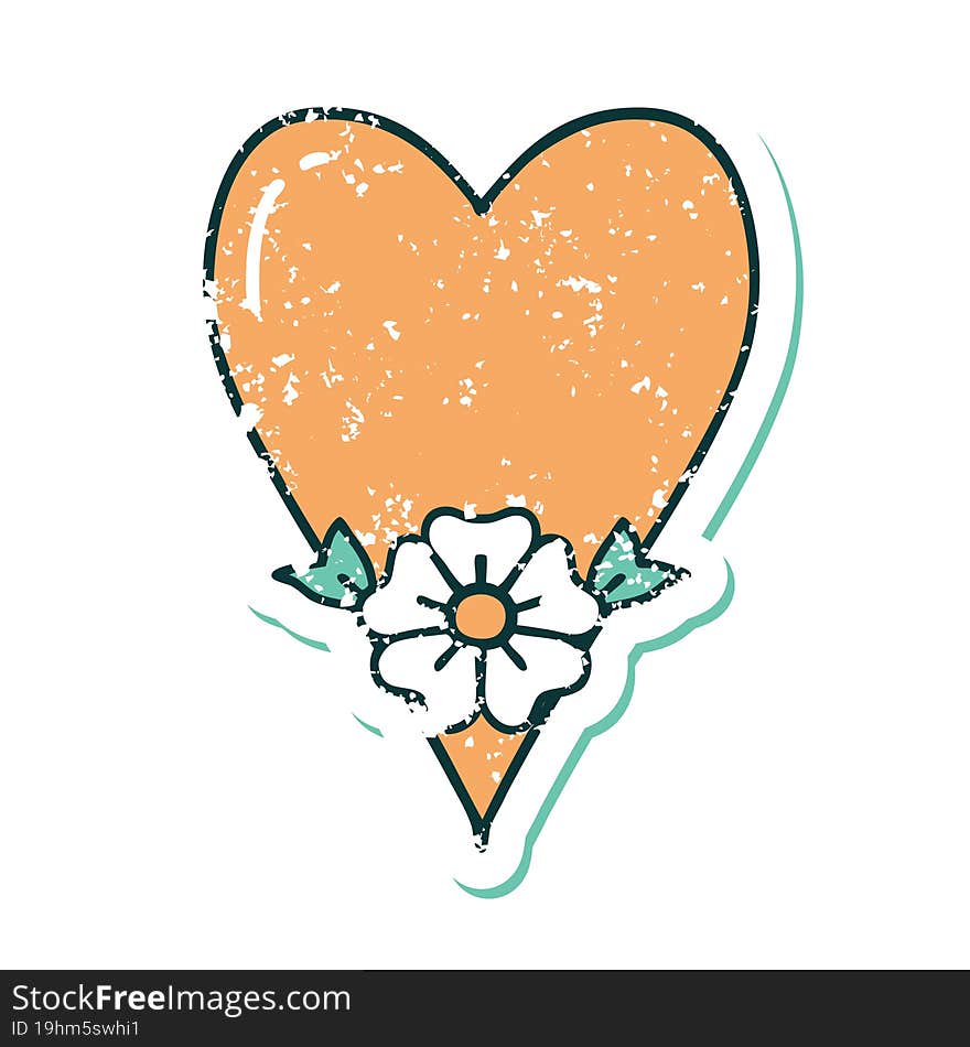 distressed sticker tattoo style icon of a heart and flower