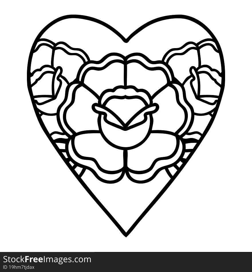 Black Line Tattoo Of A Heart And Flowers