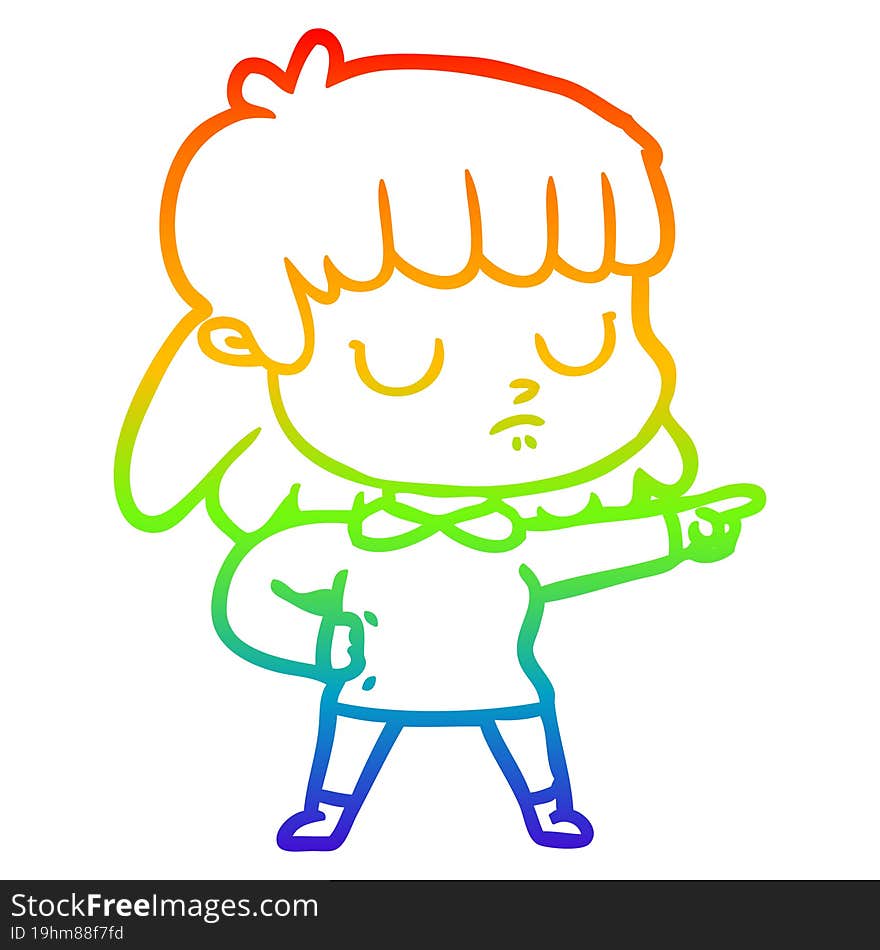 rainbow gradient line drawing of a cartoon indifferent woman accusing