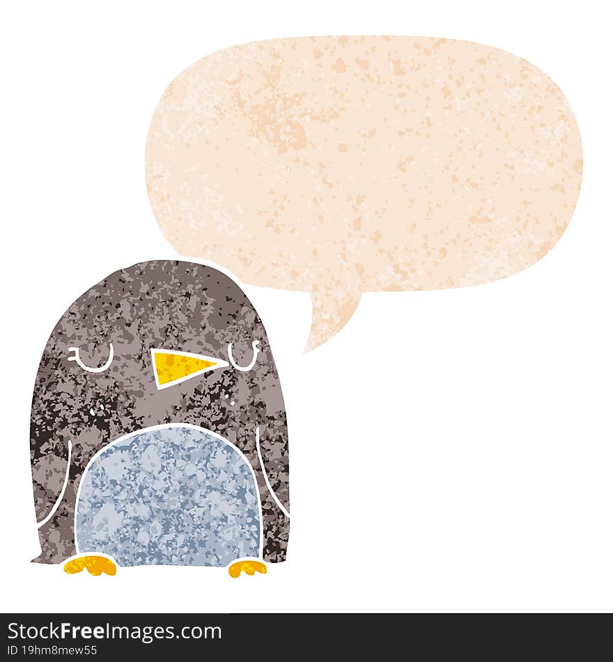 Cartoon Penguin And Speech Bubble In Retro Textured Style