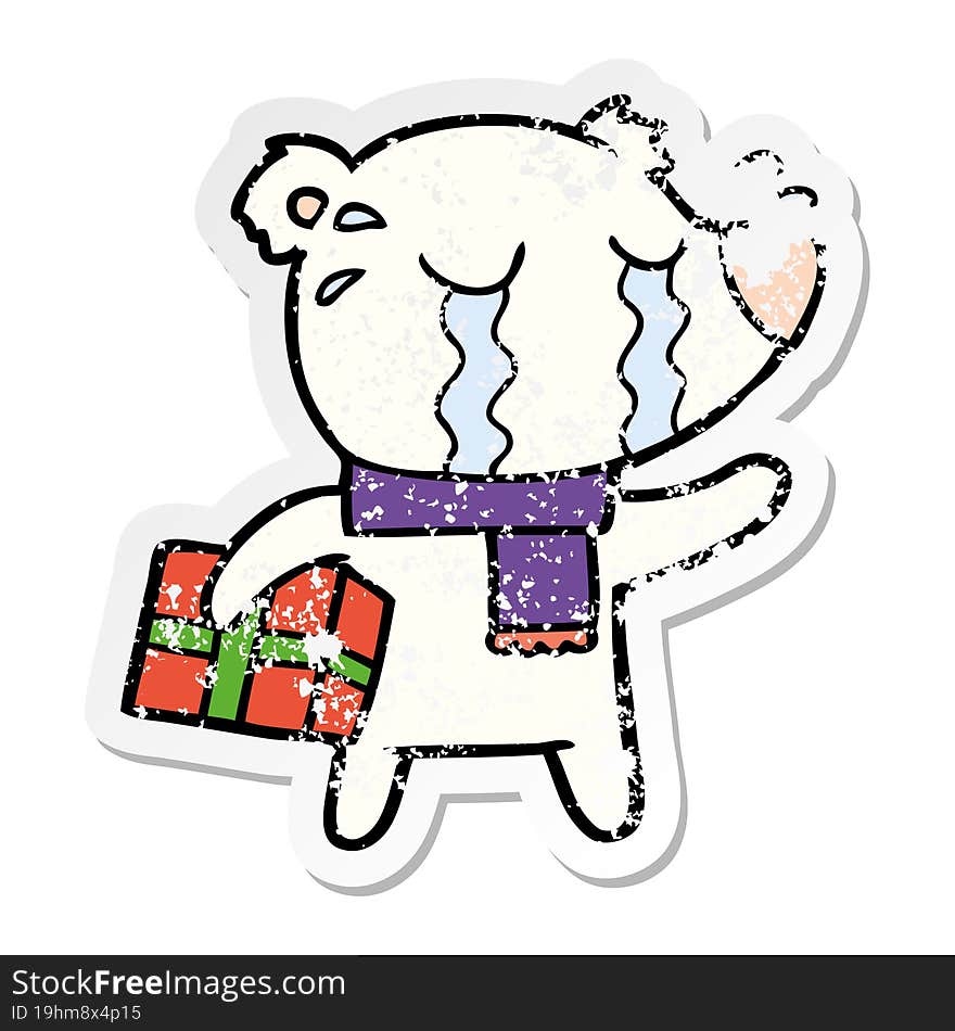 Distressed Sticker Of A Cartoon Crying Christmas Polar Bear