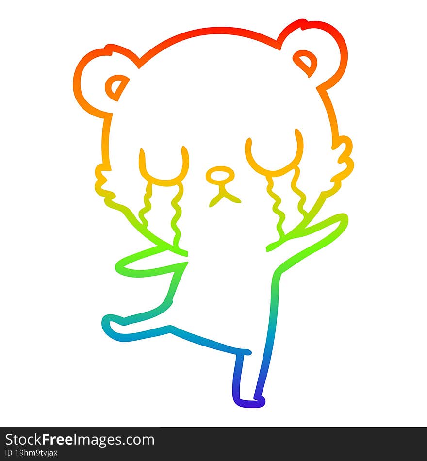 rainbow gradient line drawing crying cartoon bear doing a sad dance