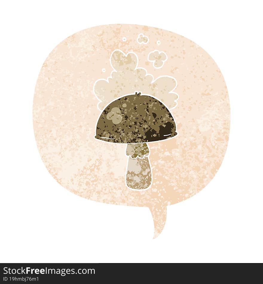 cartoon mushroom with spore cloud with speech bubble in grunge distressed retro textured style. cartoon mushroom with spore cloud with speech bubble in grunge distressed retro textured style