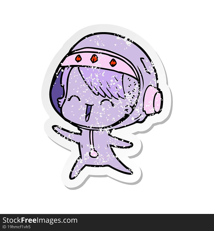 distressed sticker of a happy cartoon space girl