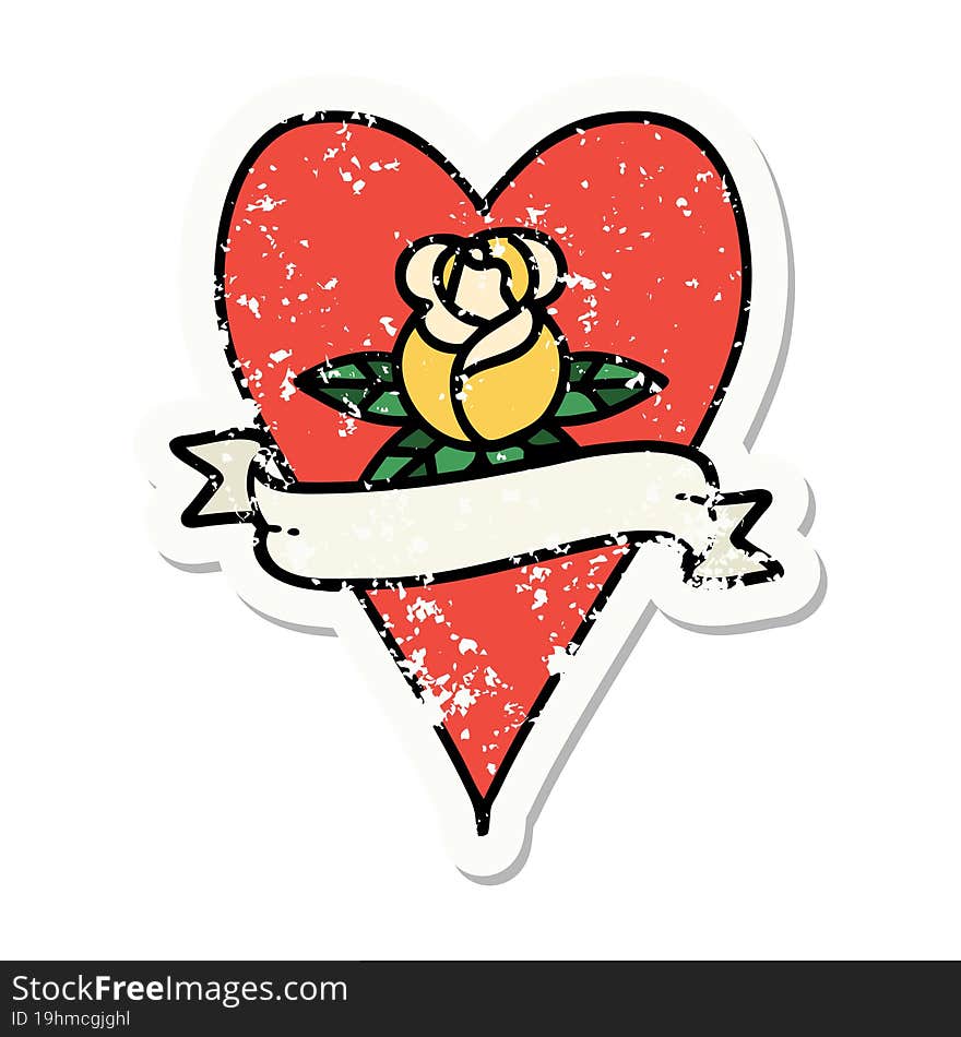 distressed sticker tattoo in traditional style of a heart rose and banner. distressed sticker tattoo in traditional style of a heart rose and banner