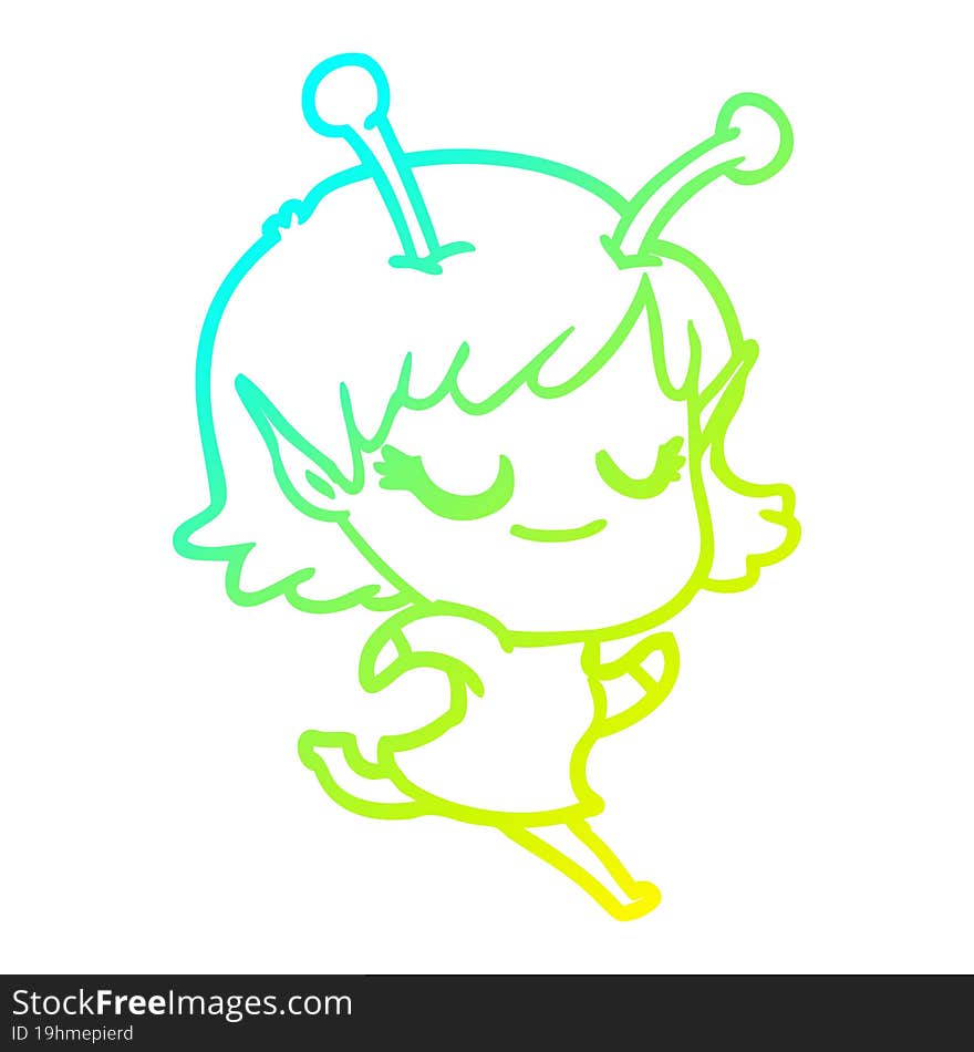 Cold Gradient Line Drawing Smiling Alien Girl Cartoon Running