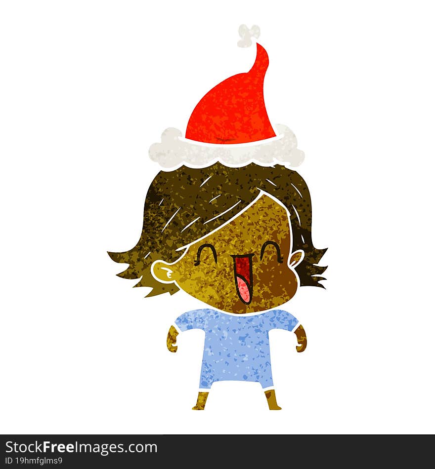 retro cartoon of a happy woman wearing santa hat