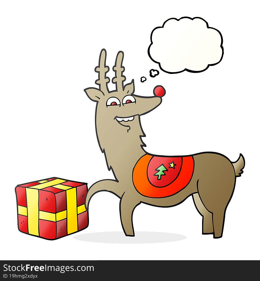 thought bubble cartoon christmas reindeer with present