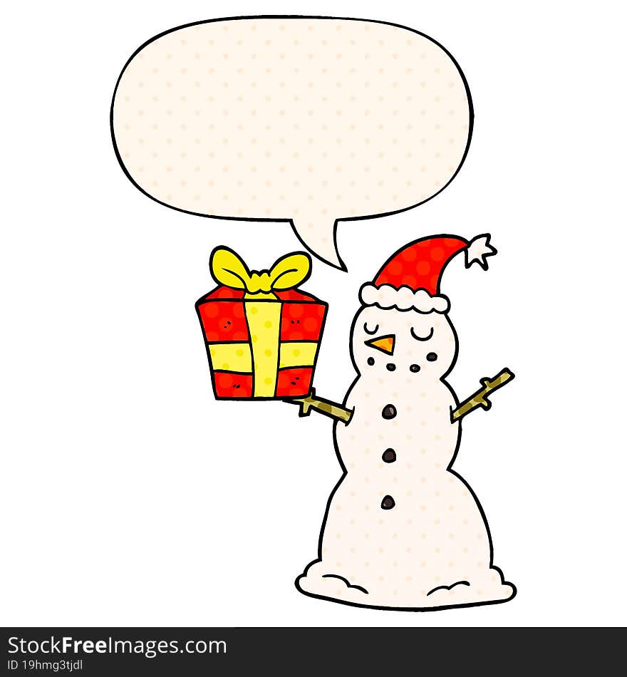 cartoon snowman with present with speech bubble in comic book style. cartoon snowman with present with speech bubble in comic book style